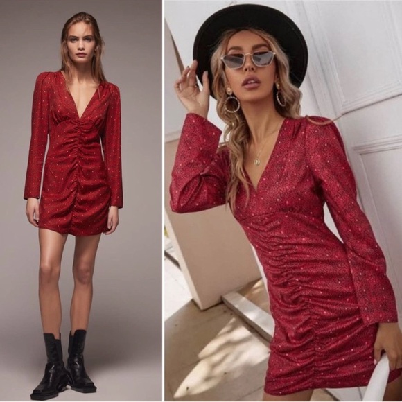 NWTS ZARA Dot Printed Ruched Deep V-Neck
Long Sleeve Mini Dress Red size (S) - Picture 2 of 10